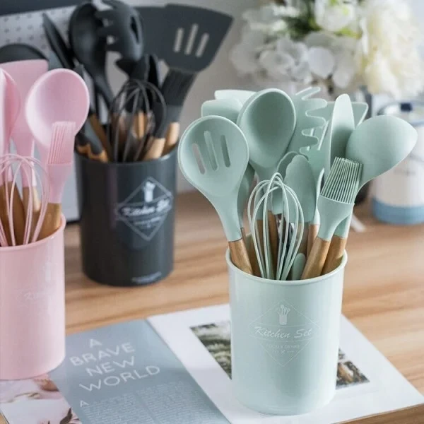 Набор силиконовых кухонных принадлежностей 12 предметов RD-1204 Кухонный из силикона и дерева Бирюзовый, фото №4