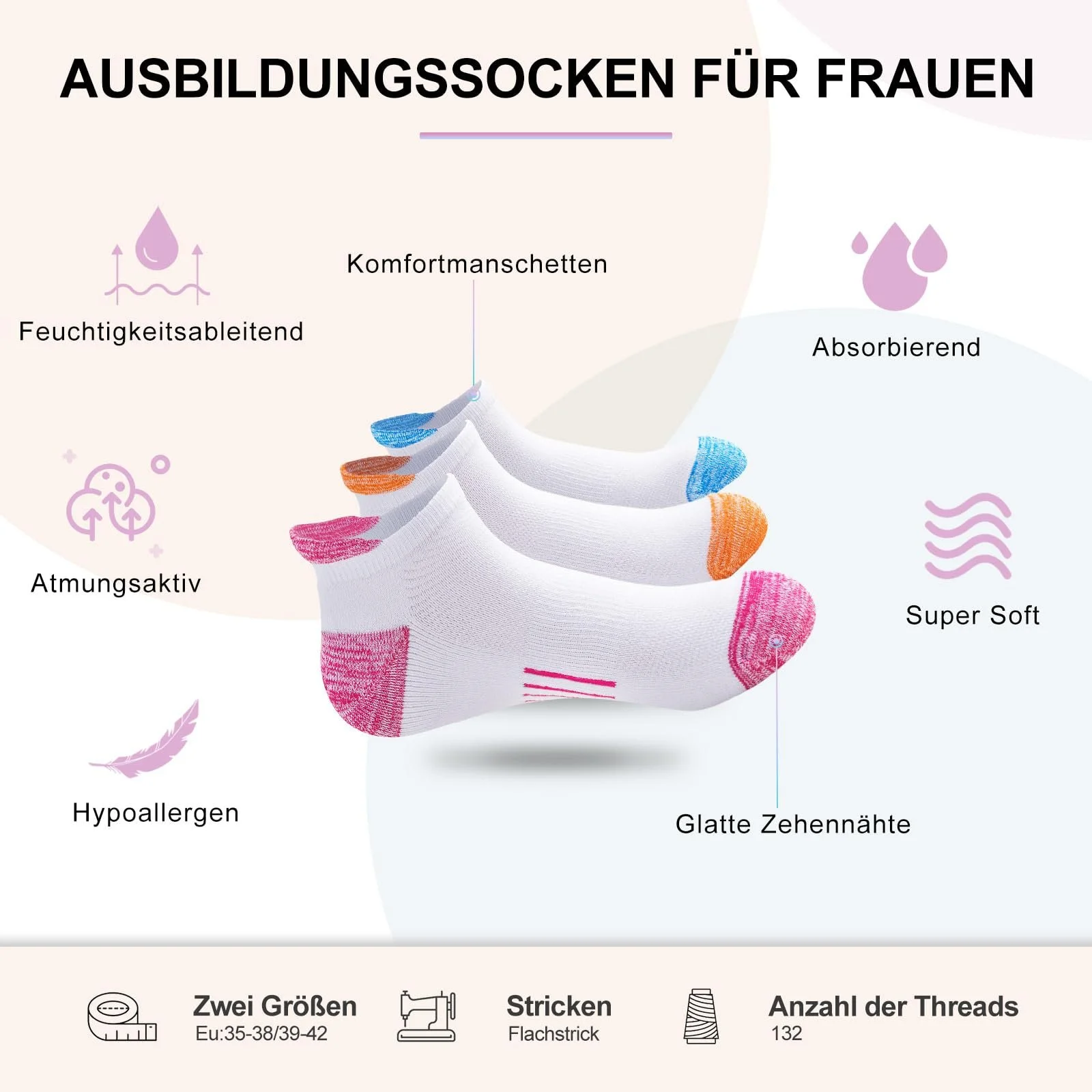 Носки Trainer Женские Хлопковые Спортивные Дышащие Короткие Противомозольные Носки Женские Мягкие для Бега 6 Пар 35-38/39-42, фото №4