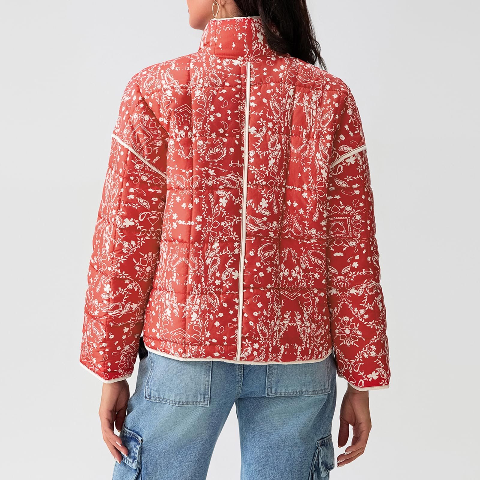 Жіноча куртка з квітковим принтом, укорочена, легка, вінтажна, етнічна, утеплена, осінь-зима, з довгими рукавами, фото №6