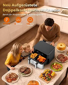 Аэрогриль WELLENT 11 л 2 камеры (4+7 л) 2600 Вт 10-в-1 Match & Sync Сенсорный экран synthetic.ua - Фото 1
