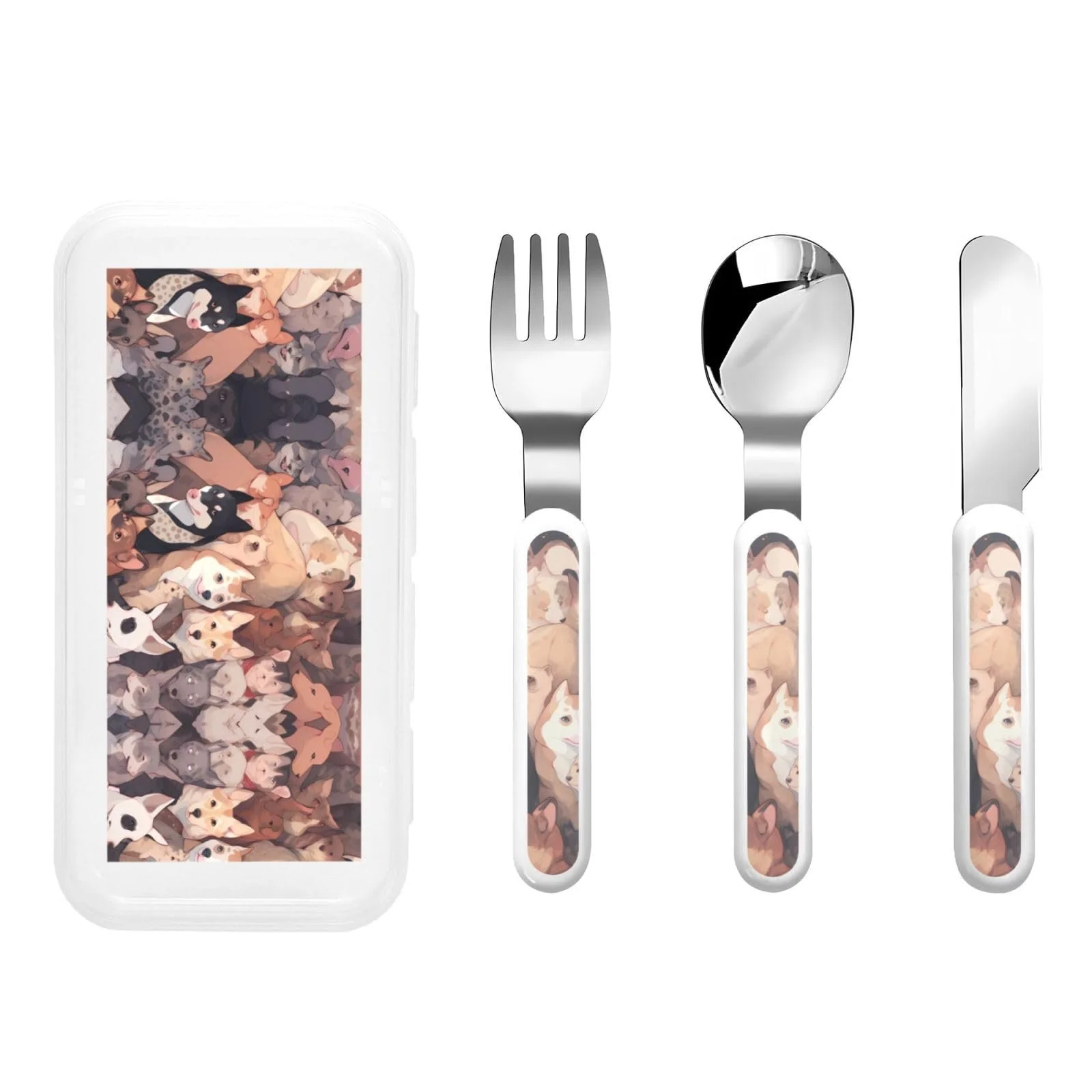 Набір дитячих столових приборів з принтом собачих малюнків, три предмети, багаторазовий, фото №1 Набір дитячих столових приборів з принтом собачих малюнків, три предмети, багаторазовий, фото №1