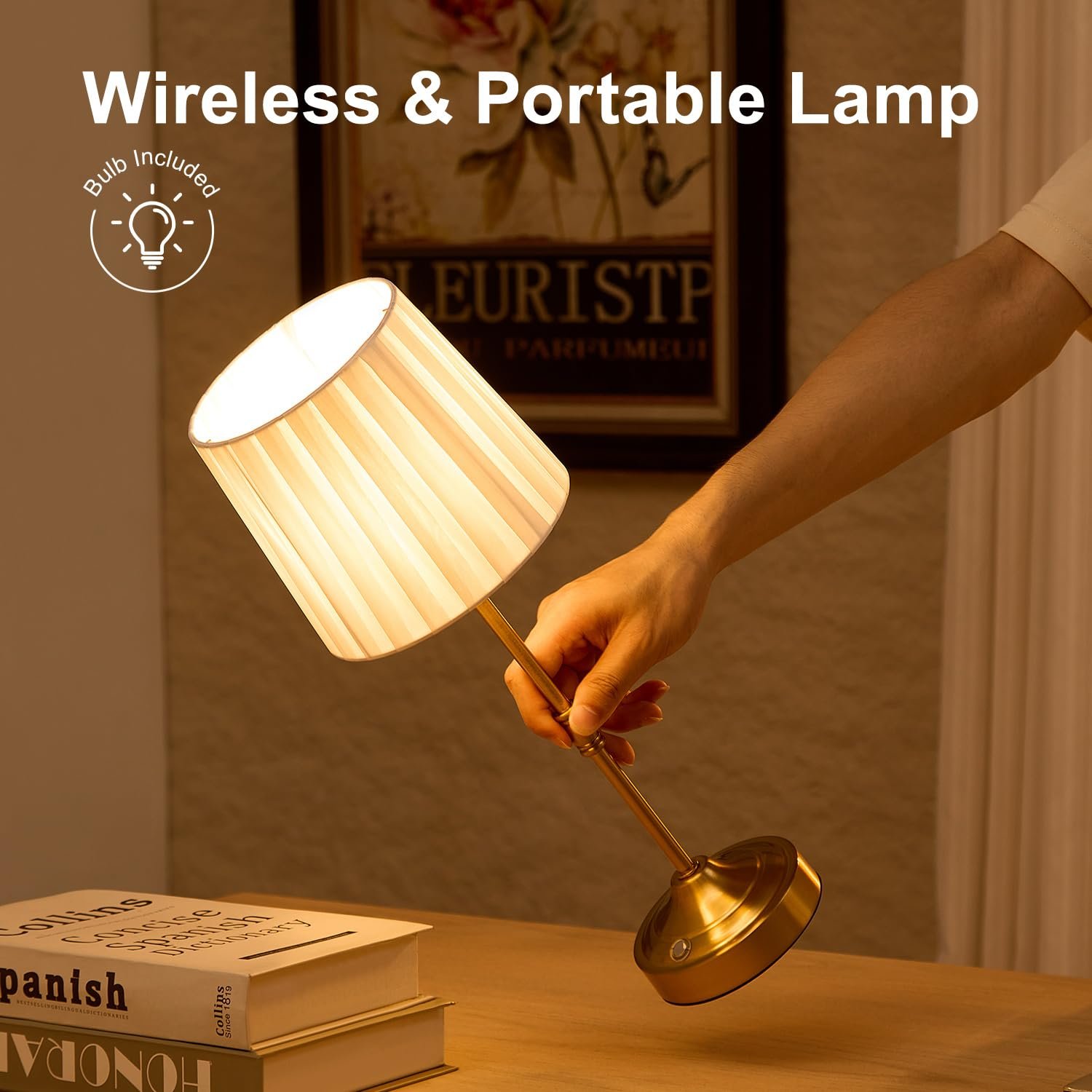 Настільна лампа бездротова акумуляторна 5200 мАг LED сенсорна з тканинним абажуром Gold, фото №5