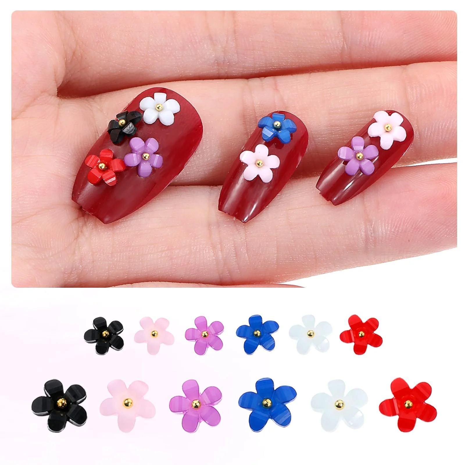 Цветок Украшения для ногтей с золотыми металлическими бусинами 6 цветов 3D акриловые цветы Стразы для DIY украшений для ногтей, фото №3