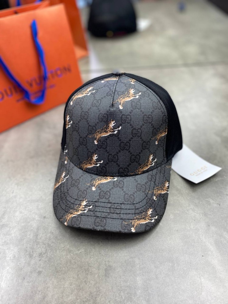 Серая кепка Gucci с сеткой принт тигры gu448, фото №5
