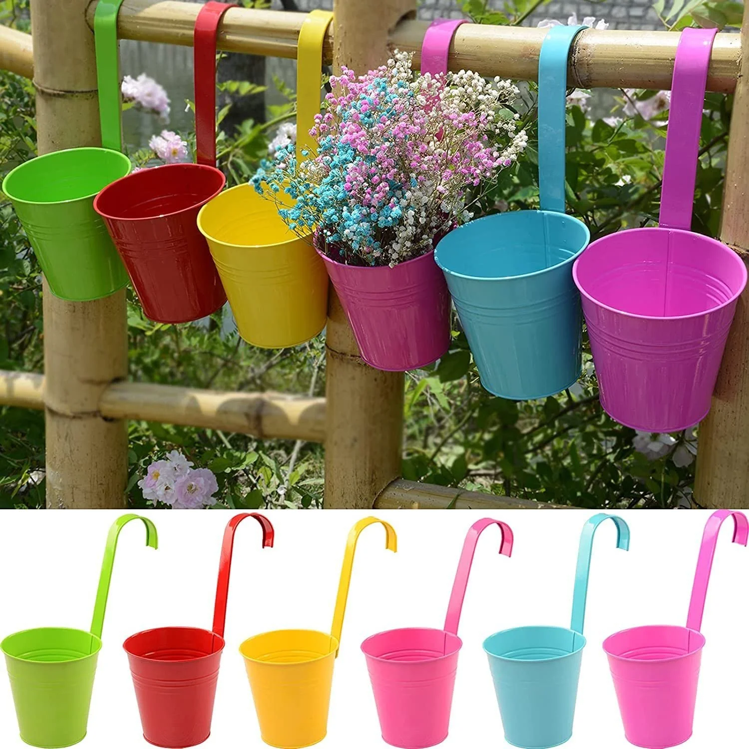 Набір підвісних квіткових горщиків DRULINE 6 шт. металеві зі знімними гачками Різнокольоровий, фото №2