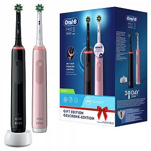 Електрична зубна щітка Oral-B Pro 3 3900, 2 шт, з 2 ручками, що перезаряджаються, технологія Brown, 2 змінні головки, видимий датчик тиску, рожева/чорна - Фото 1