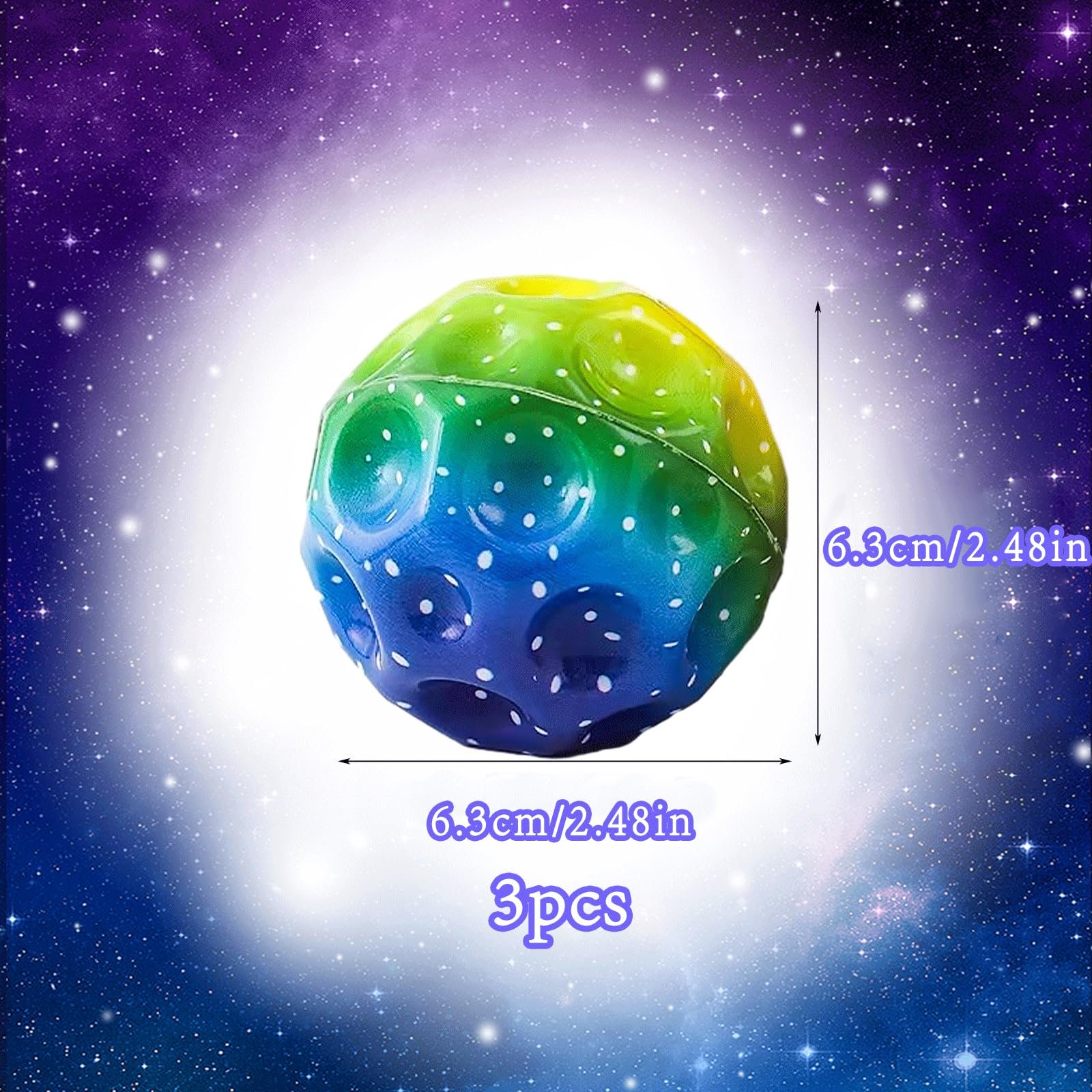 Набор мячей Rainbow Celestial Bounce, 3 шт, градиентные лунные мячи в 3 стилях, космический мяч, прыгающий резиновый мяч, высокопрыгающий резиновый мяч для водных игр, игры на батуте, пляжа, фото №7