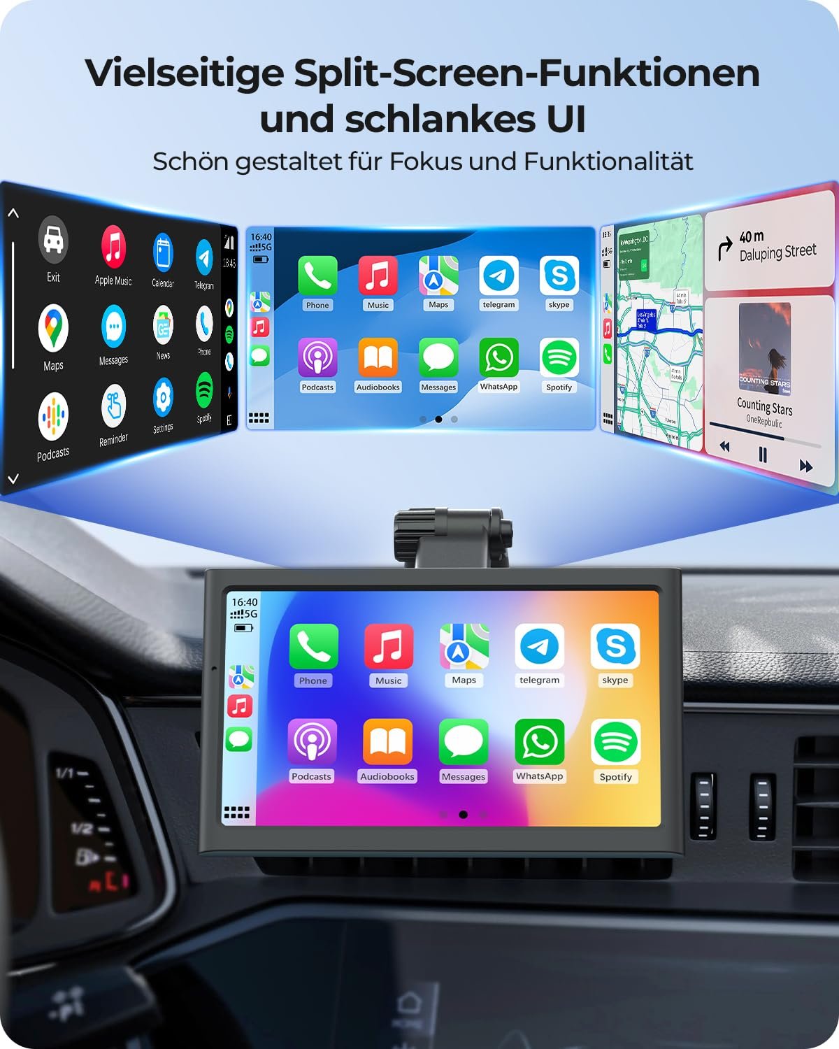 Дисплей для автомобиля Krunia 7 дюймов беспроводной портативный 60FPS Apple CarPlay и Android Car, альбомный и портретный формат, Mirror Link, Bluetooth, голосовое управление, GPS-навигация, опциональная камера заднего вида, фото №7