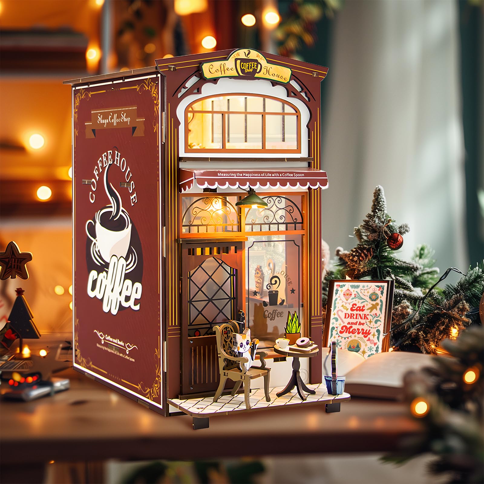 Кіт BBLIKE Book Nook Café Miniature Dollhouse Kit зі світлодіодними LED вогнями, фото №5