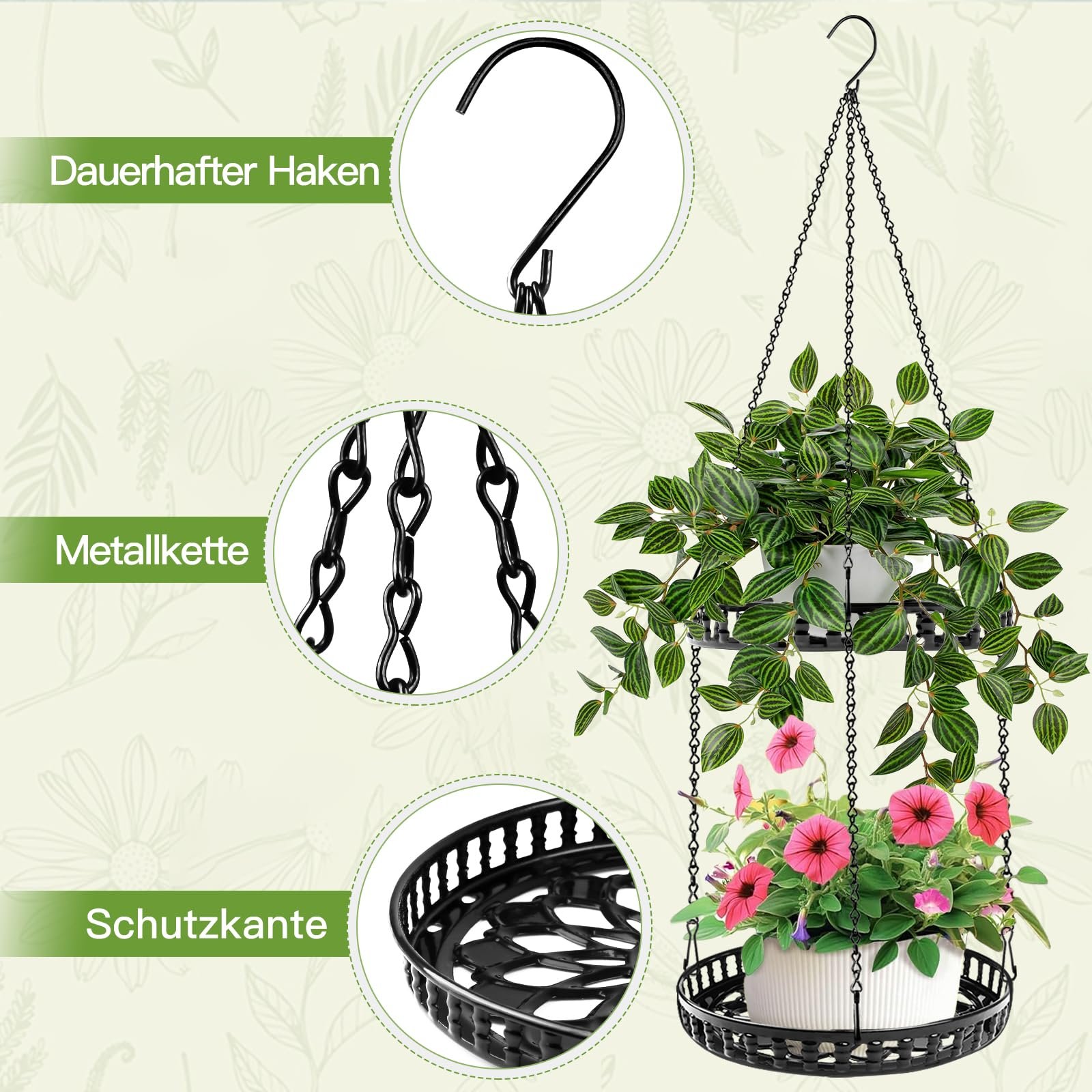 Підвісний кошик Двошаровий з чорного металу для рослин у приміщенні та на вулиці, фото №3