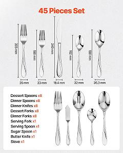 Набор столовых приборов VEVOR на 8 персон, 45 предметов из пищевой нержавеющей стали, можно мыть в посудомоечной машине, для кухни, включает нож, вилку, ложку synthetic.ua - Фото 1