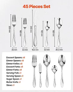 Набор столовых приборов VEVOR на 8 персон, 45 предметов из пищевой нержавеющей стали, можно мыть в посудомоечной машине, для кухни, включает нож, вилку, ложку synthetic.ua - Фото 1