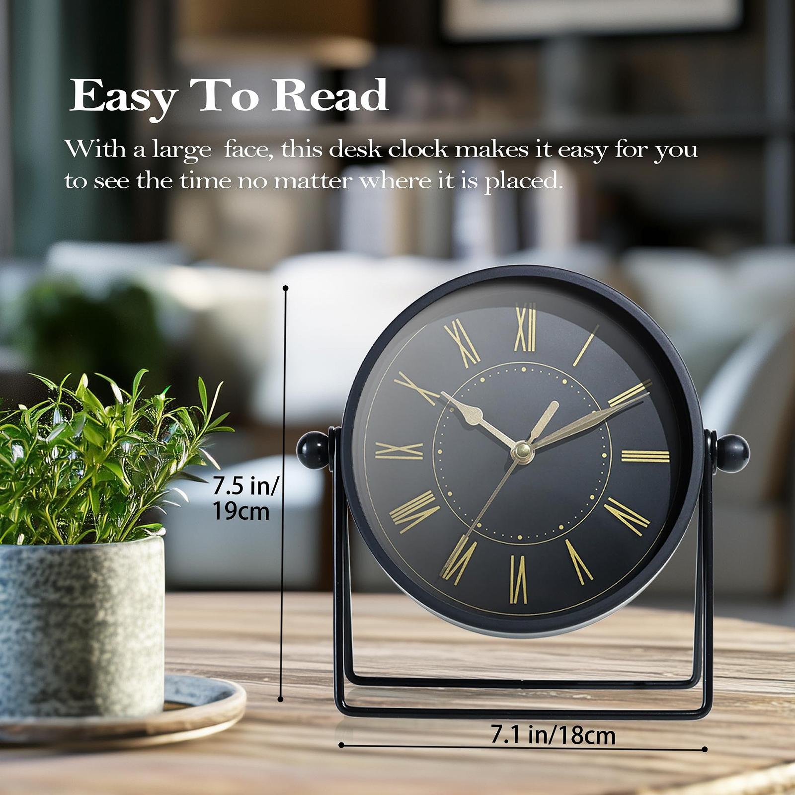Настільний годинник AYRELY Vintage, металевий, безшумний, з регульованим кутом, ретро стиль, аналоговий, чорний/золотий, фото №4