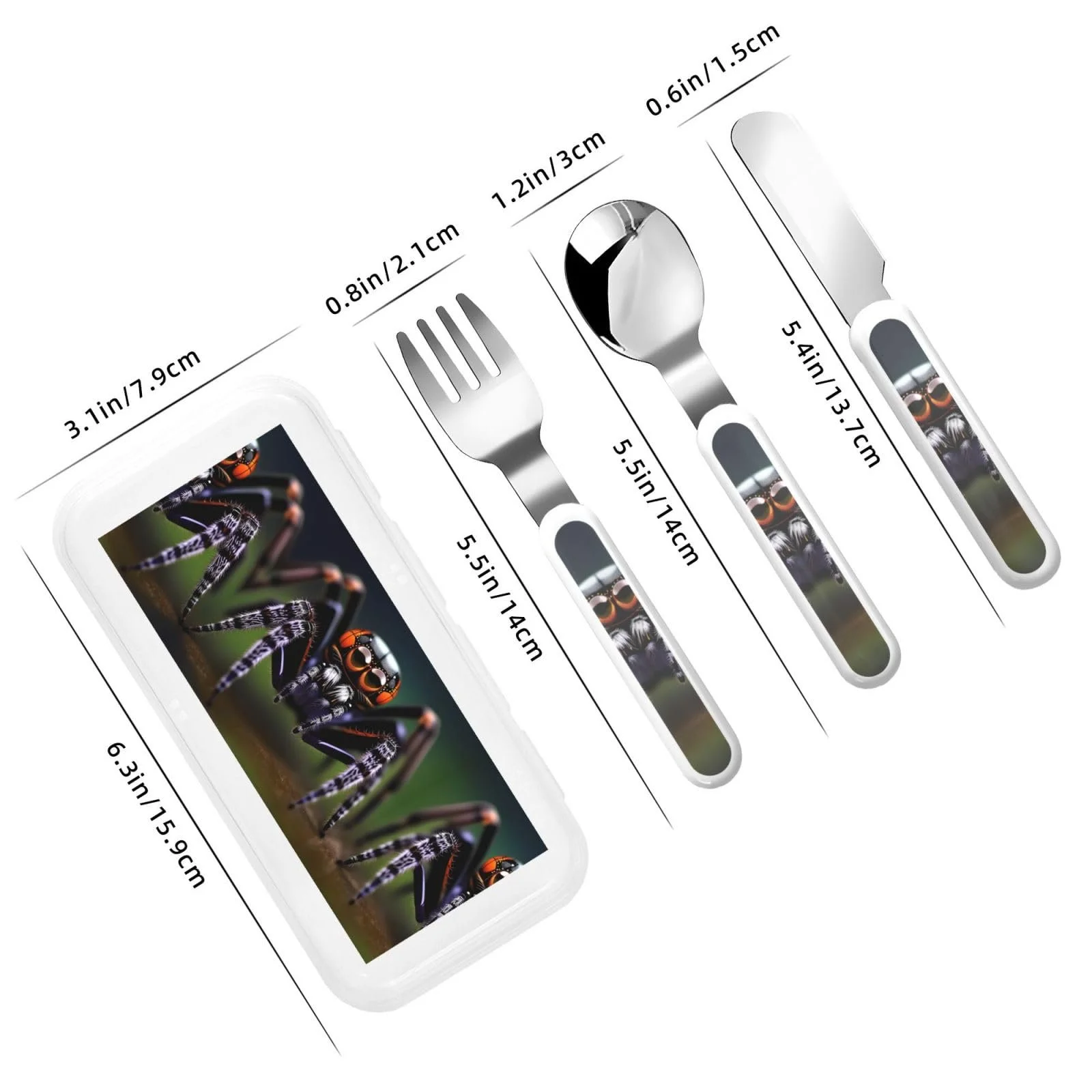 Набір дитячих столових приборів з малюнком павуків у тропічному лісі, три предмети, багаторазовий, фото №3 Набір дитячих столових приборів з малюнком павуків у тропічному лісі, три предмети, багаторазовий, фото №3