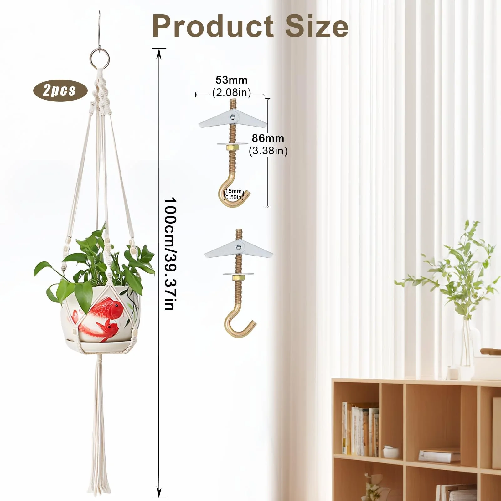 Подвесной кошик макраме набор 2 шт ручное плетение хлопок с 2 крючками, фото №2