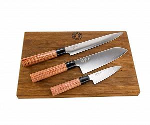 Набір ножів KAI Shun Seki Magoroku Redwood: ніж для офісних робіт, Santoku, ніж для шинки, обробна дошка - Фото 1