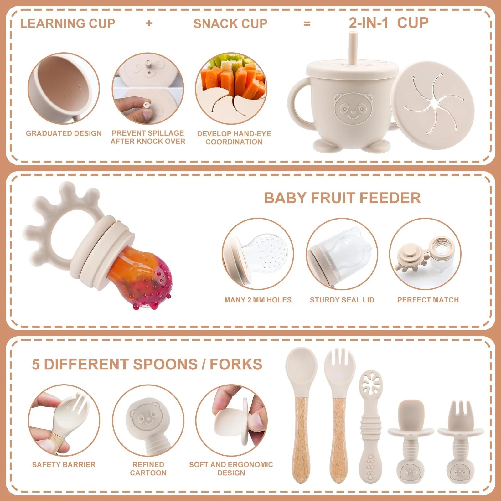 Набір дитячого силіконового посуду Feelhap, 13 предметів: дитяча тарілка з роздільниками та присоскою, дитяча миска з присоскою, силіконовий дитячий нагрудник, поїльник, фото №6