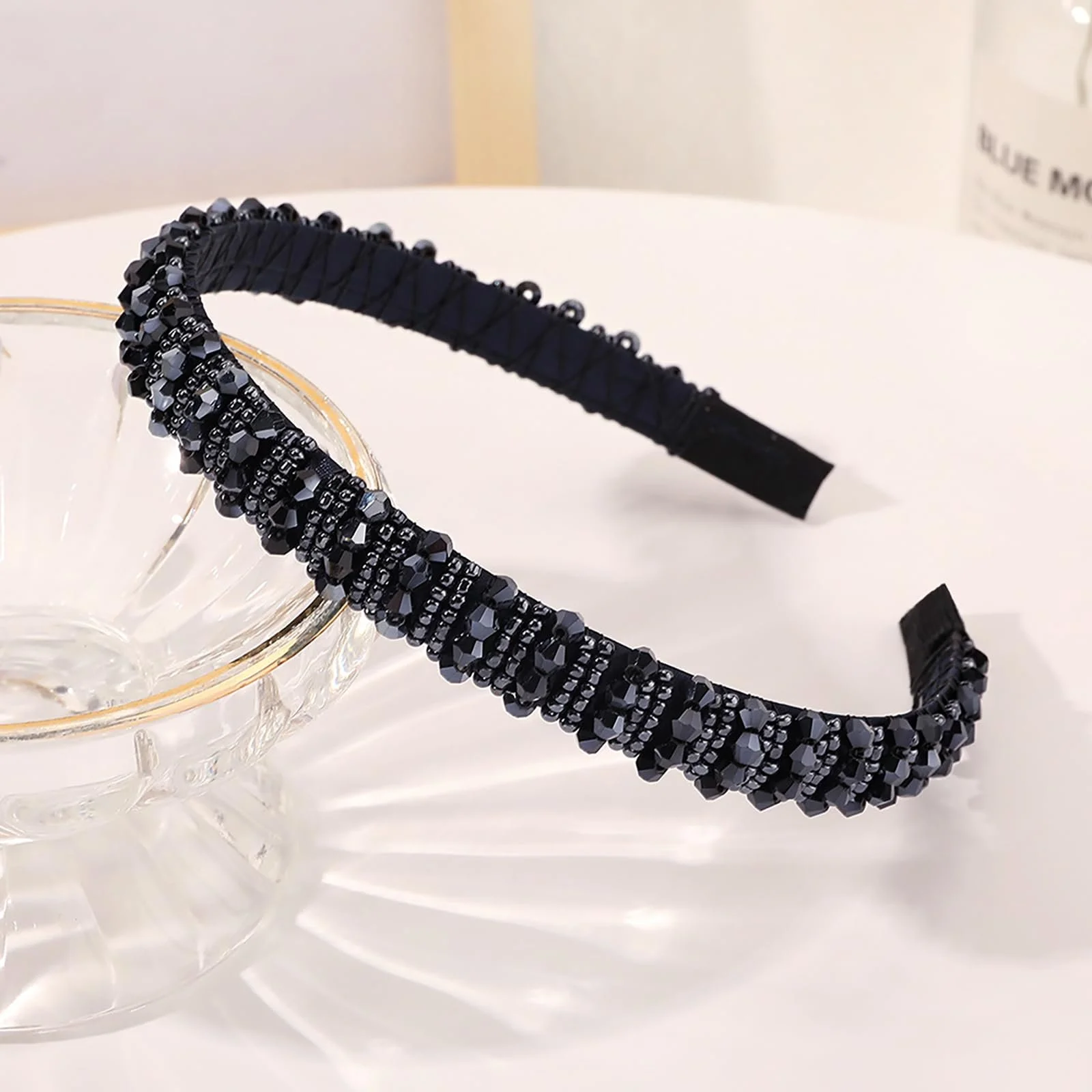 Обруч Темно-синій Плетений Ланцюжок з Намистин з Кристалічними Намистинами, фото №5