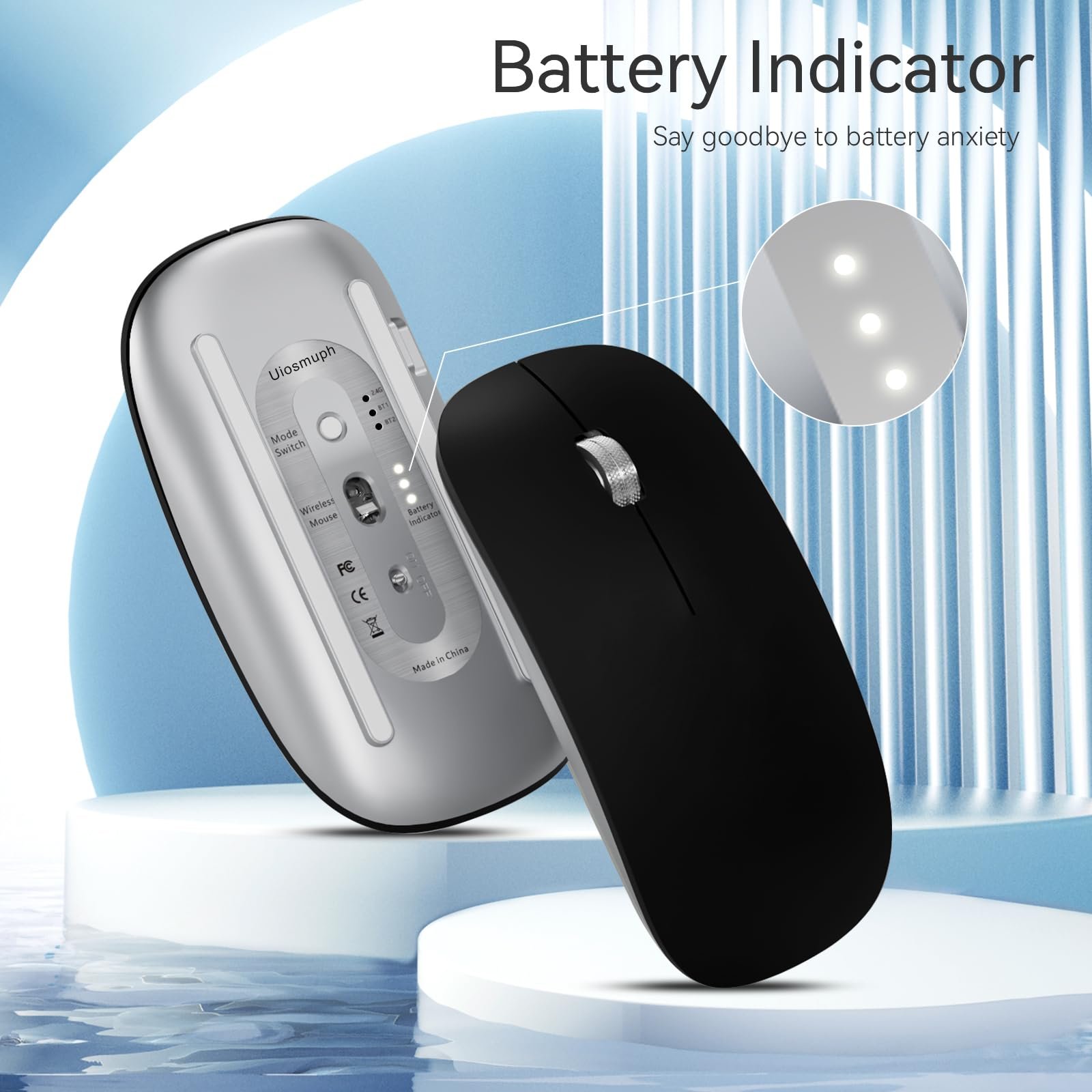 Мышь Bluetooth Uiosmuph Беспроводная с USB Nano приемником Tri-Mode (Dual Bluetooth 5.1 + 2.4GHz) Тихая Аккумуляторная для ноутбука, ПК, iPad, Mac Черная, фото №3