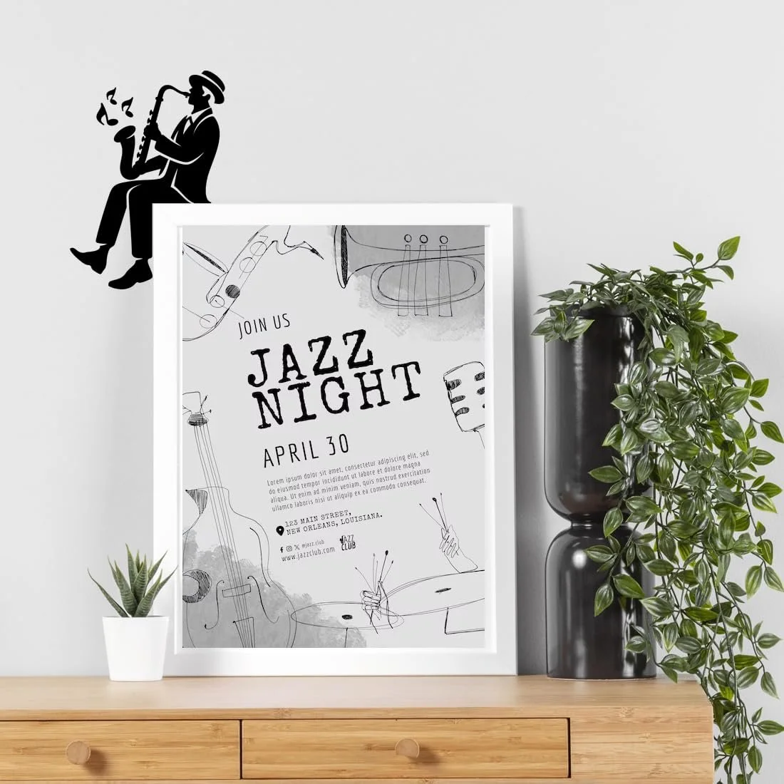Наклейка на стіну Джазовий музикант із саксофоном 110 x 152 мм Чорна, фото №2