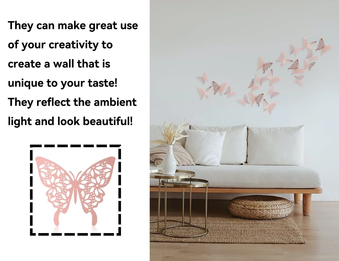 3D наклейки на стіну Метелики 24 шт. 3 розміри Рожеве золото, фото №5