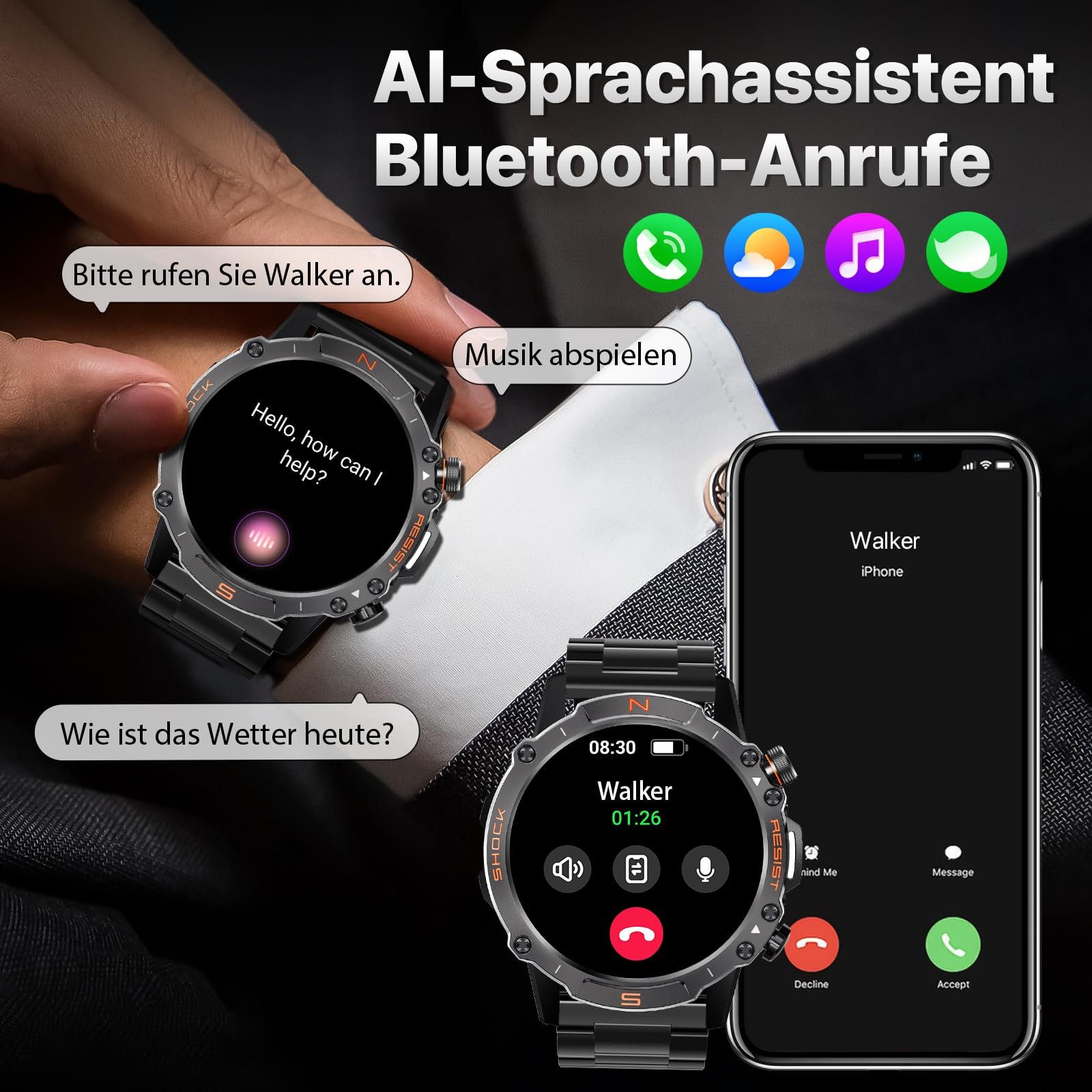 Смарт-часы Walkercam M6 Ultra с функцией телефона, AMOLED 1.43 дюйма, 110 спортивных режимов, монитор кровяного давления/пульса/кислорода/сна, шагомер, металлический ремешок, фото №4