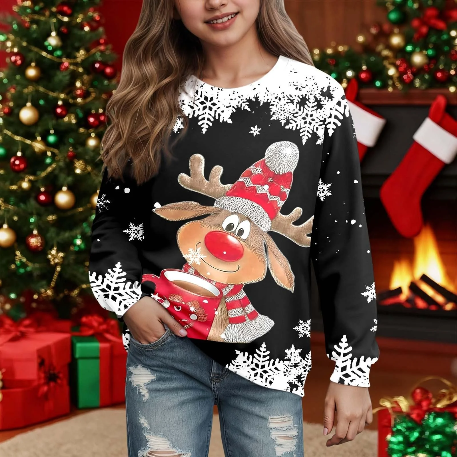 Детский рождественский джемпер для девочек, размер 152 - Пуловер для девочек с принтом оленя, длинные рукава, с капюшоном, повседневный топ для ежедневного использования, фото №3