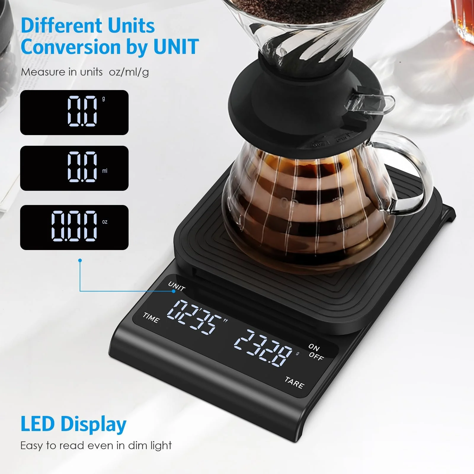 Ваги для кави Brifit з таймером 3 кг / 0.1 г USB акумуляторні LED-дисплей, фото №3