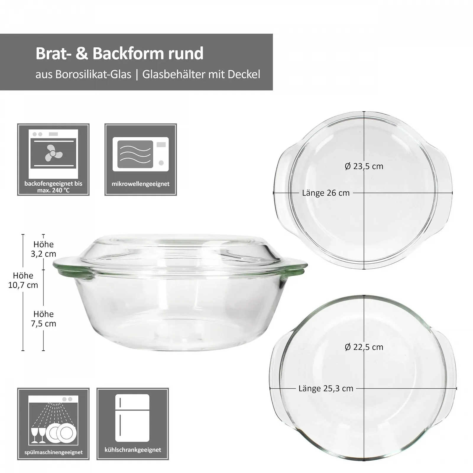 Форма для запікання MamboCat скляна кругла з кришкою 2 л 23.5 см термостійка, фото №6