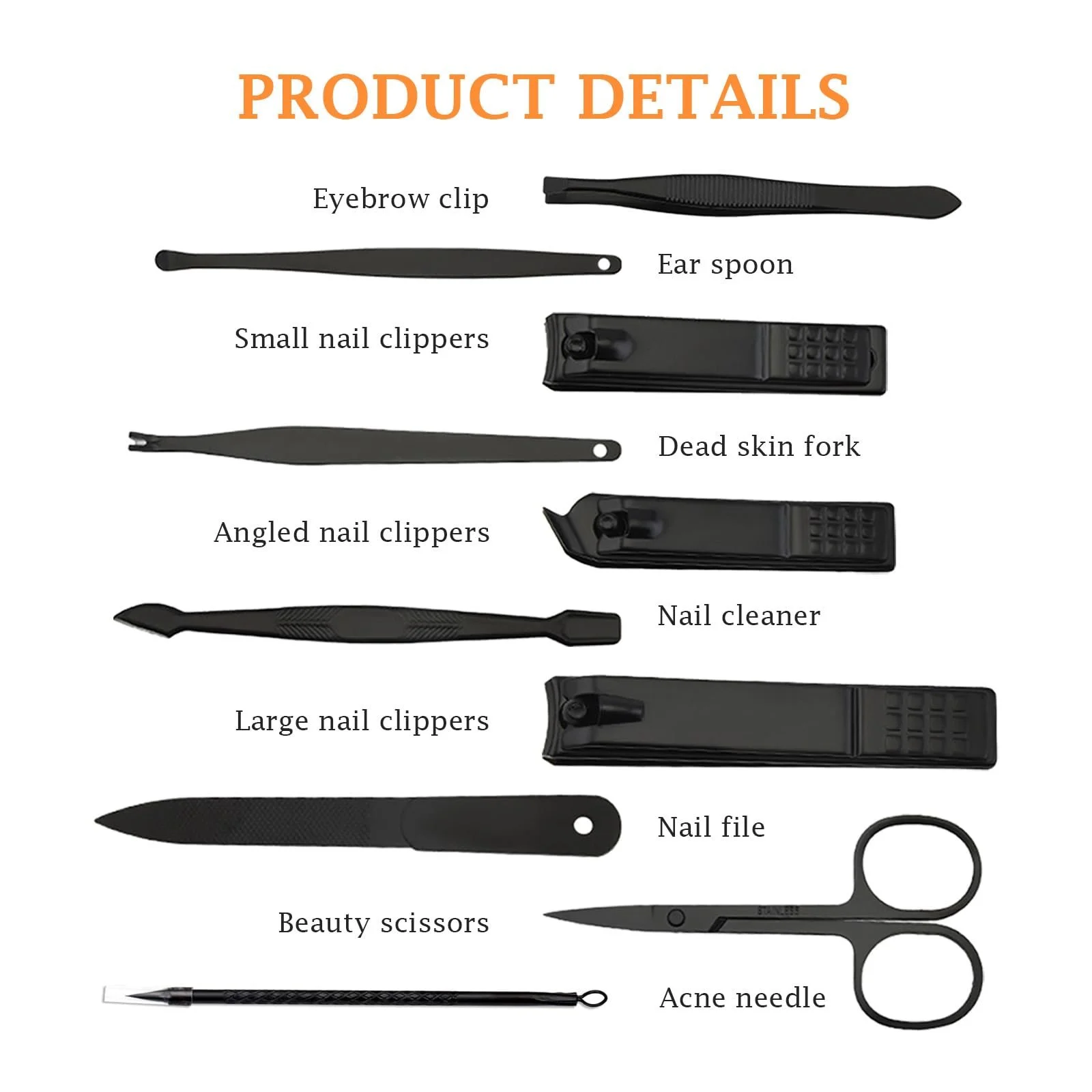 Набор для маникюра Женский 10 предметов из нержавеющей стали с кожаным чехлом, фото №3