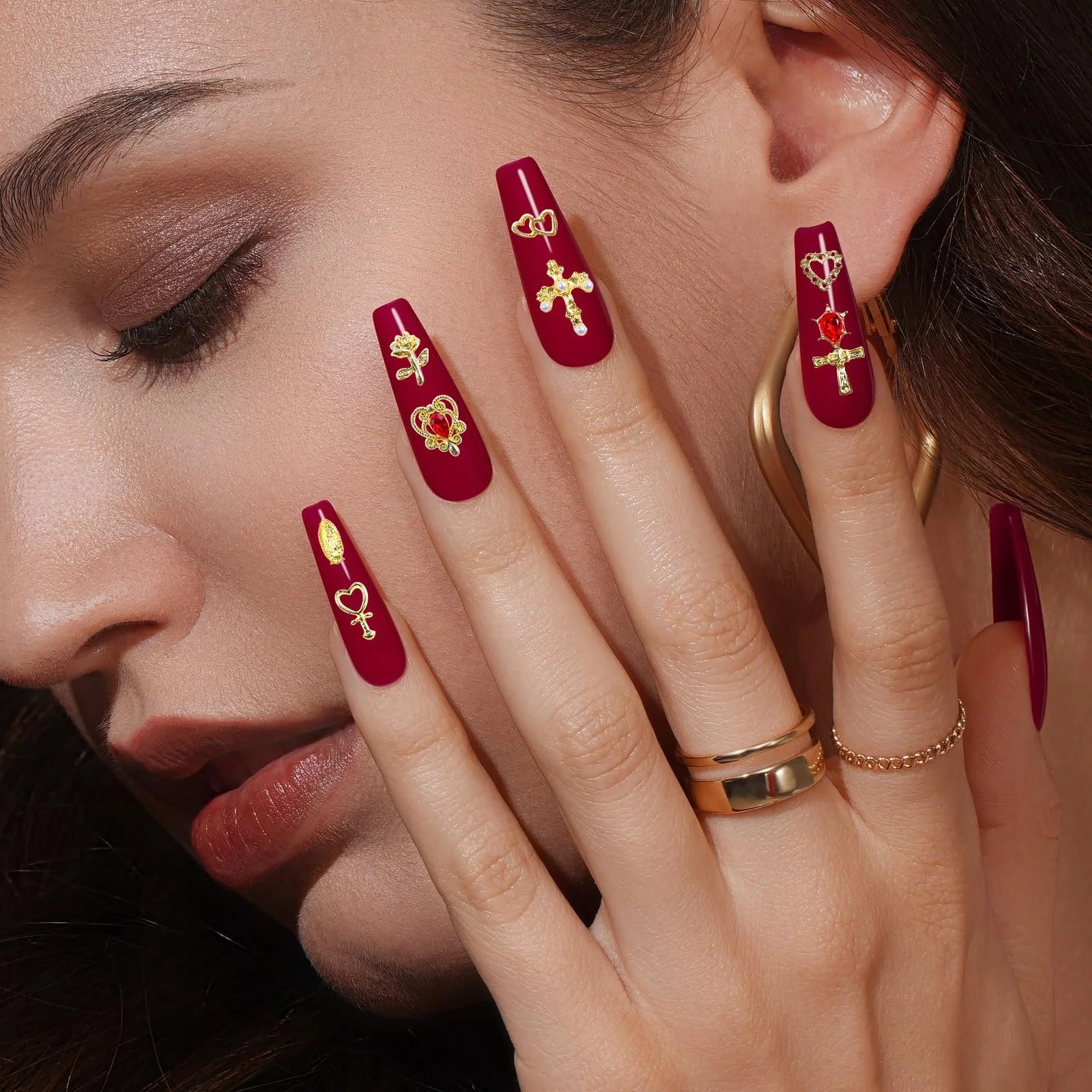 Украшения для ногтей Набор 70 шт Золотые Подвески Крест Роза Сердца Дева Мария, фото №2