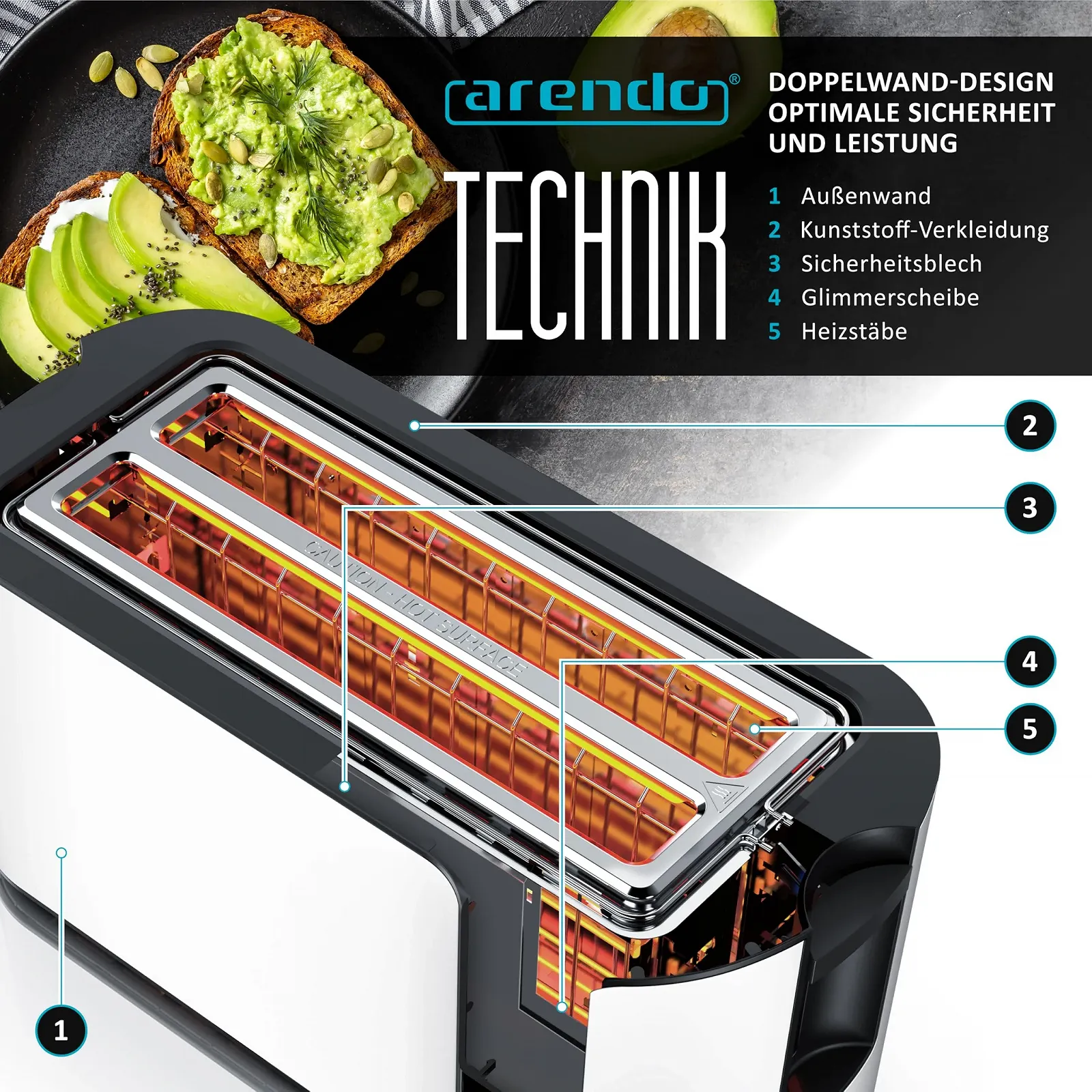 Тостер Arendo FRUKOST TOUCH 4 скибочки нержавіюча сталь, фото №5