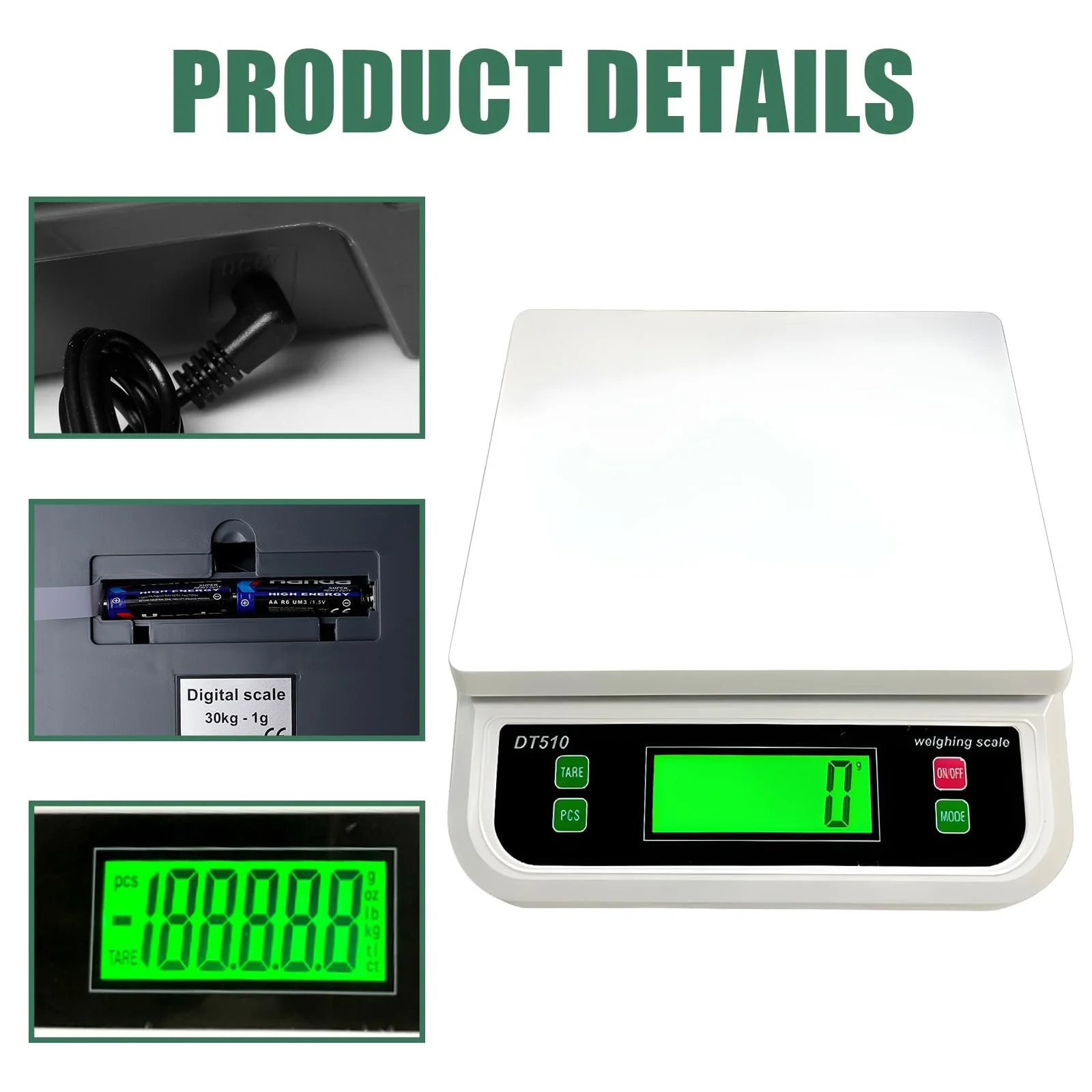 Кухонні ваги 30 kg/1 g цифрові з LCD-дисплеєм 6 одиниць вимірювання функції тари та підрахунку штук, фото №5