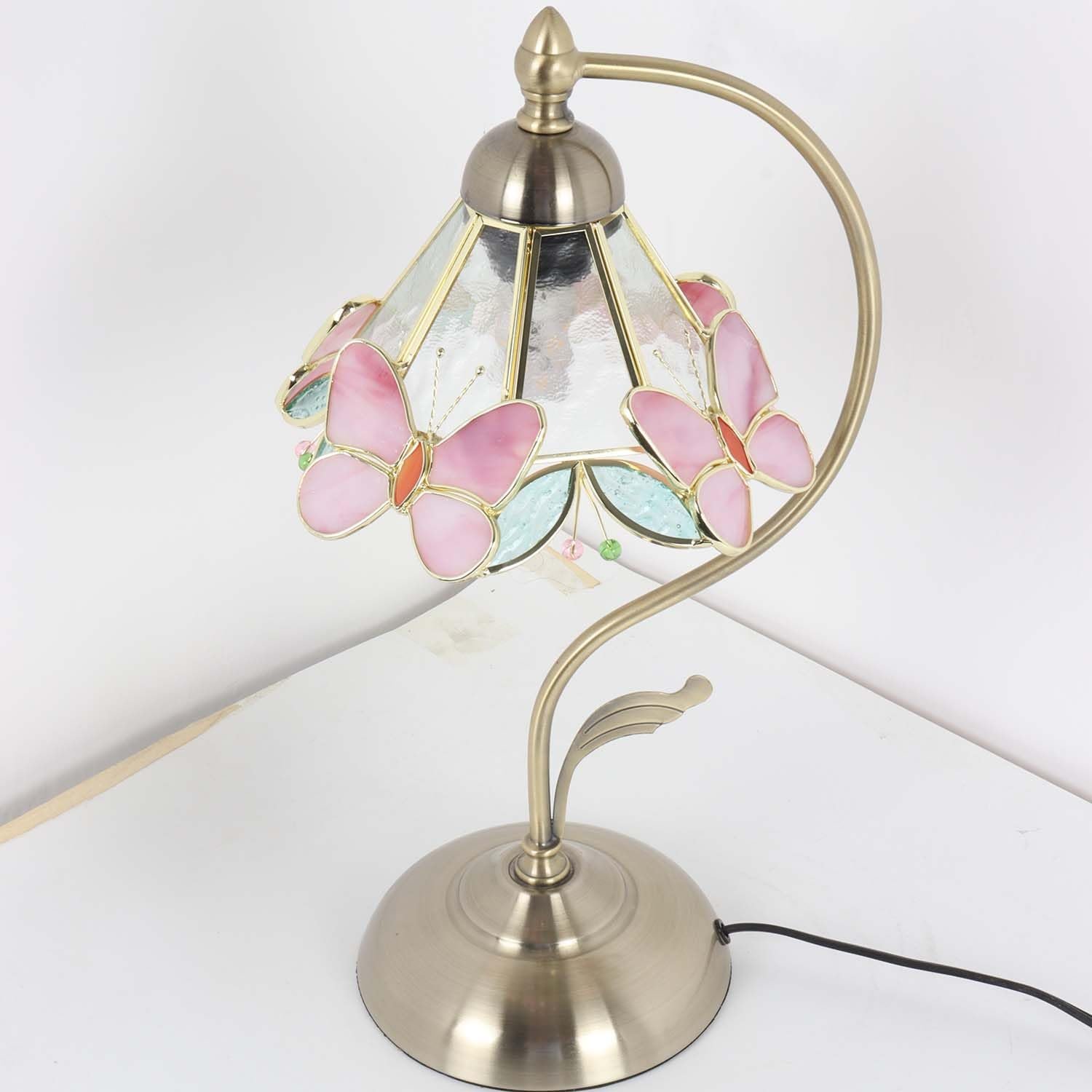 Стельовий світильник Bieye L31000 Tiffany вітражне скло метелик квітка рожевий 21.8 см, фото №3