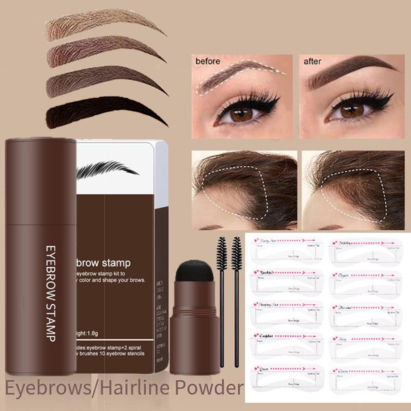 Набір для брів Eyebrow Stamp Kit Пудра Довготривала з 10 багаторазовими трафаретами для ідеального макіяжу брів, фото №4