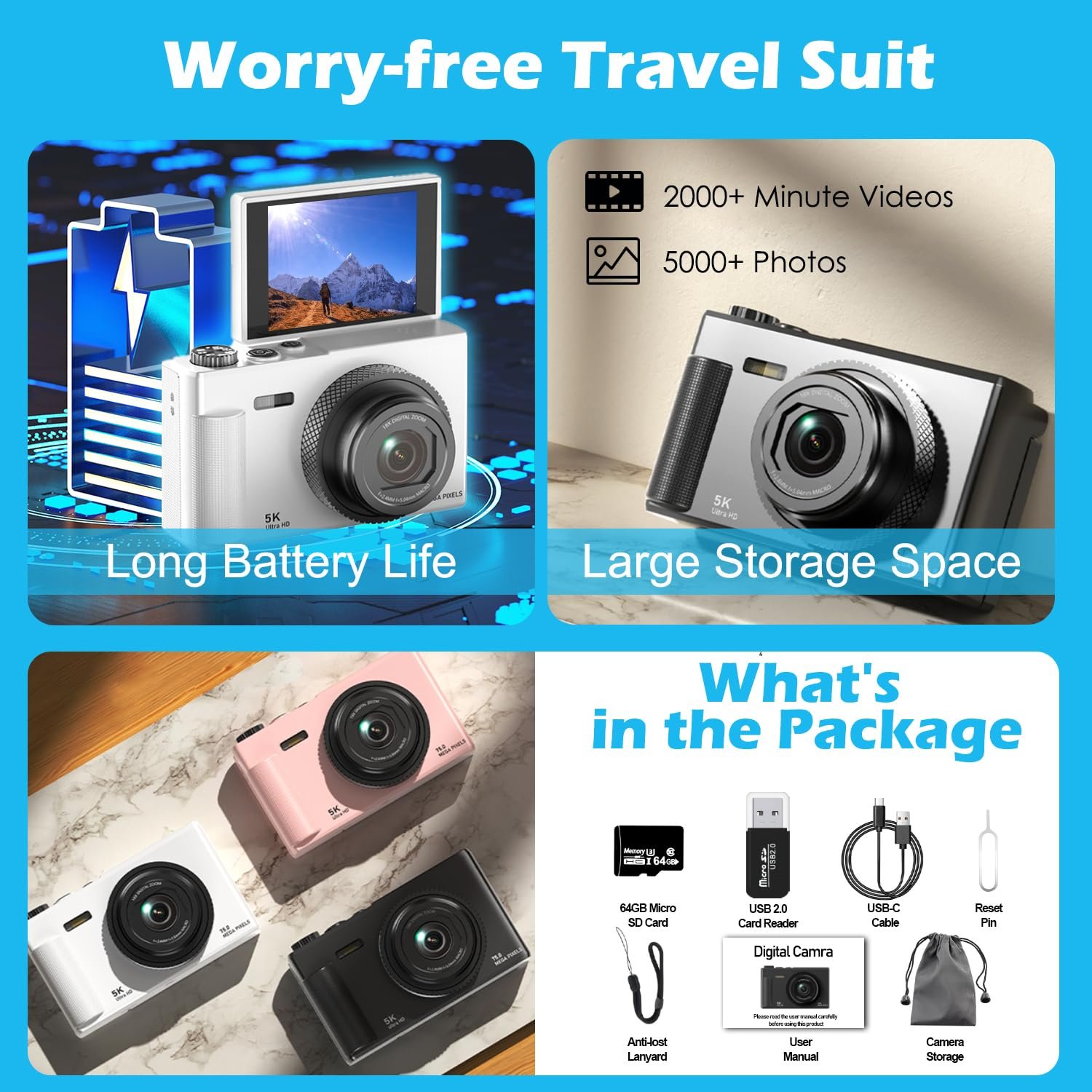 Цифрова камера Arosser UHD 5K 75MP 18X Zoom 2.83 дюйми 180° екран 64GB SD Retro Black, фото №7