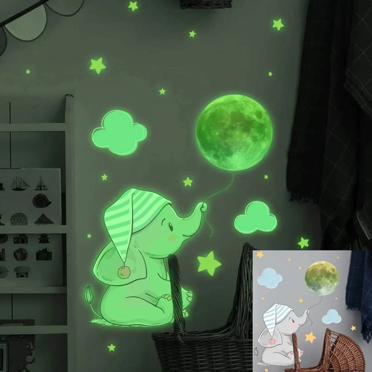 Наклейка на стіну WandSticker4U Слон та світний місяць 43 x 36 см Світна в темряві, фото №4
