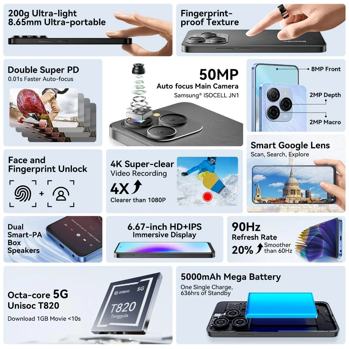 Смартфон Blackview Shark 9 6.67 дюймів HD+ IPS Дисплей 90 Hz 5G Unisoc T820 50 MP Камера 5000 mAh Акумулятор 8 GB RAM 200 г Надлегкий Black, фото №4