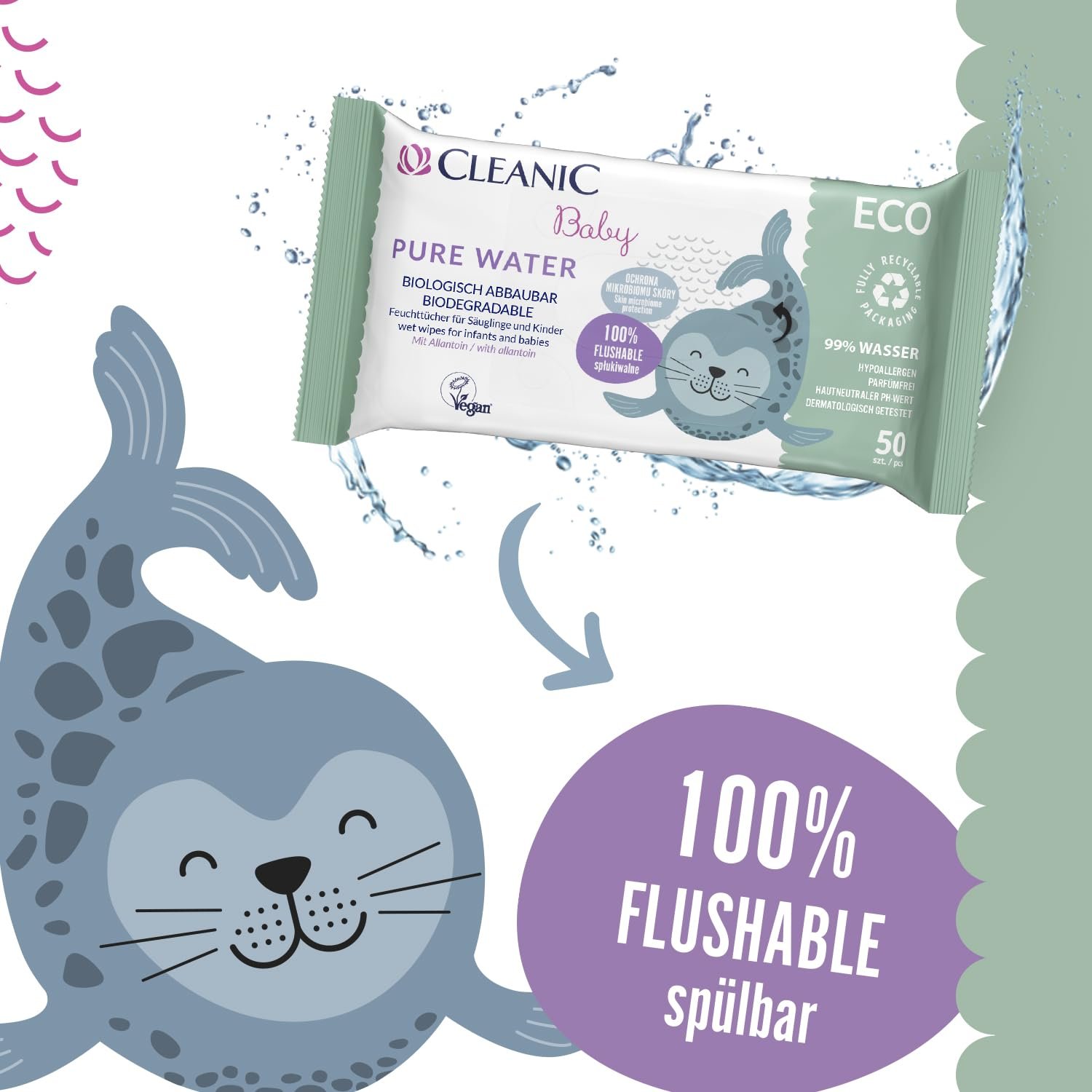 Салфетки влажные Cleanic Baby Eco Pure Water для детей, 99% вода, с аллантоином, без запаха, 50 штук, фото №6