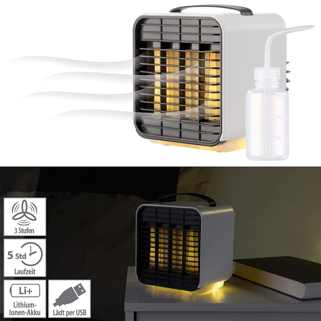 Мобільний міні-охолоджувач повітря Sichler Haushaltsgeräte LW-100 3 рівні з функцією нічника акумуляторний чорно-білий, фото №2