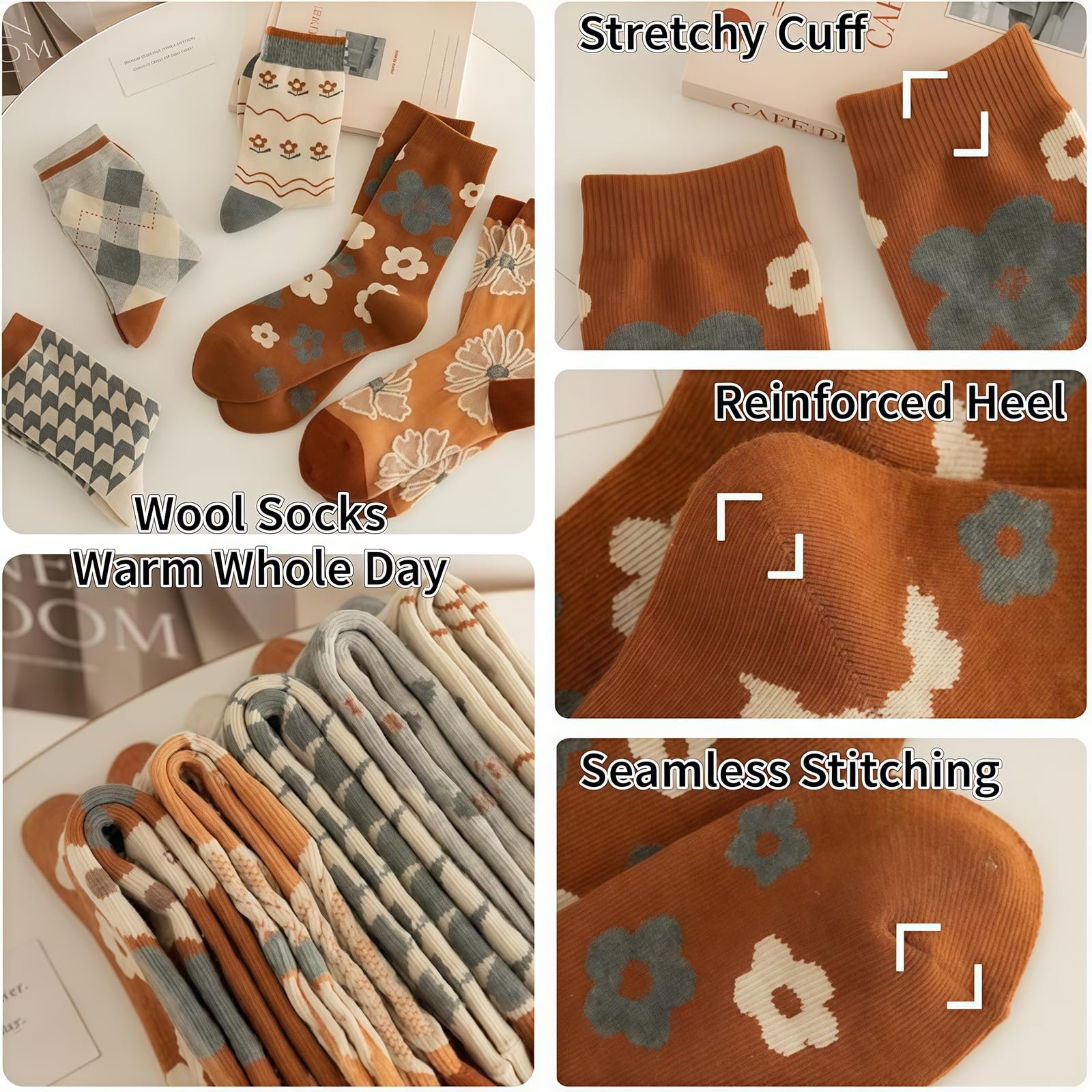 Носки Шерстяные Женские Вязаные Винтажные Милые Цветочные Носки-следы Осенние Подарки 5/10 пар, фото №3