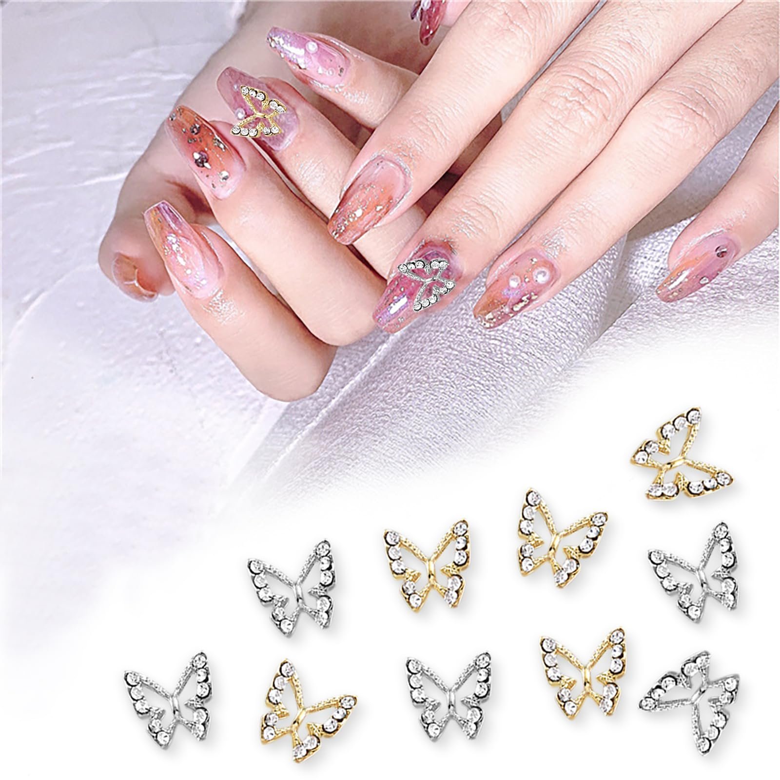 Украшения для ногтей Бабочки из сплава (5 золотых, 5 серебряных) с камнями, фото №4