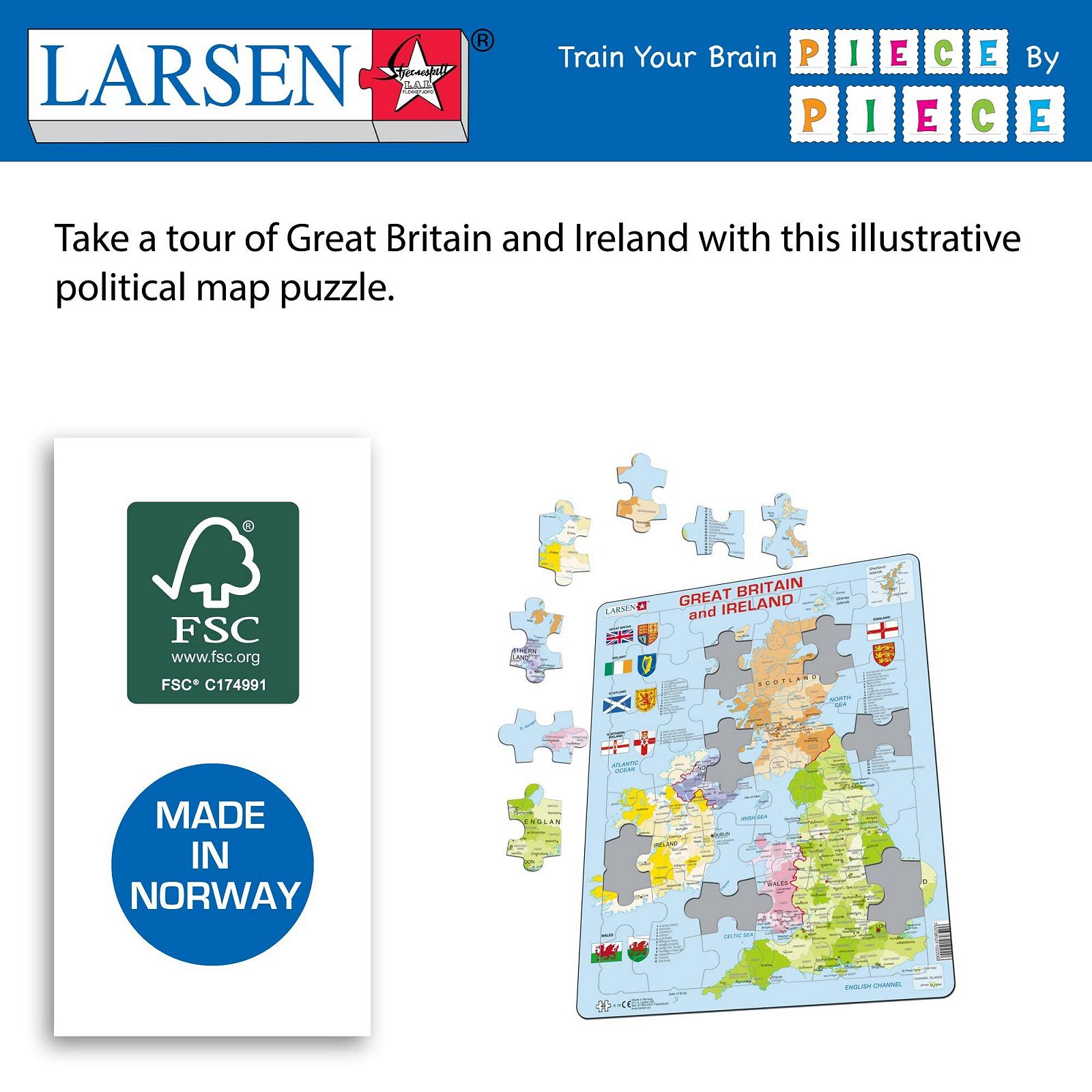 Пазл Larsen Puzzles K18-GB Політична карта Великобританії та Ірландії рамковий дитячий 48 елементів, фото №5