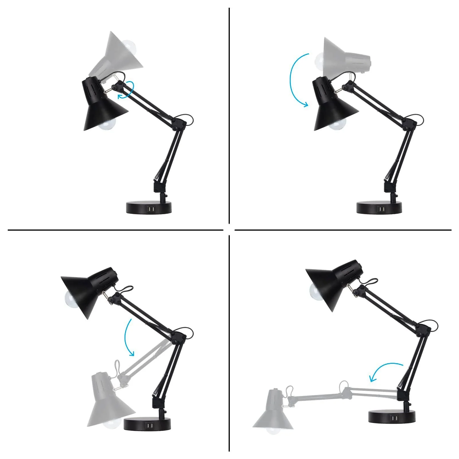 Настільна лампа FIRVRE металева регульована, гнучка шия, поворотний кронштейн, з USB-портами, чорна, фото №5