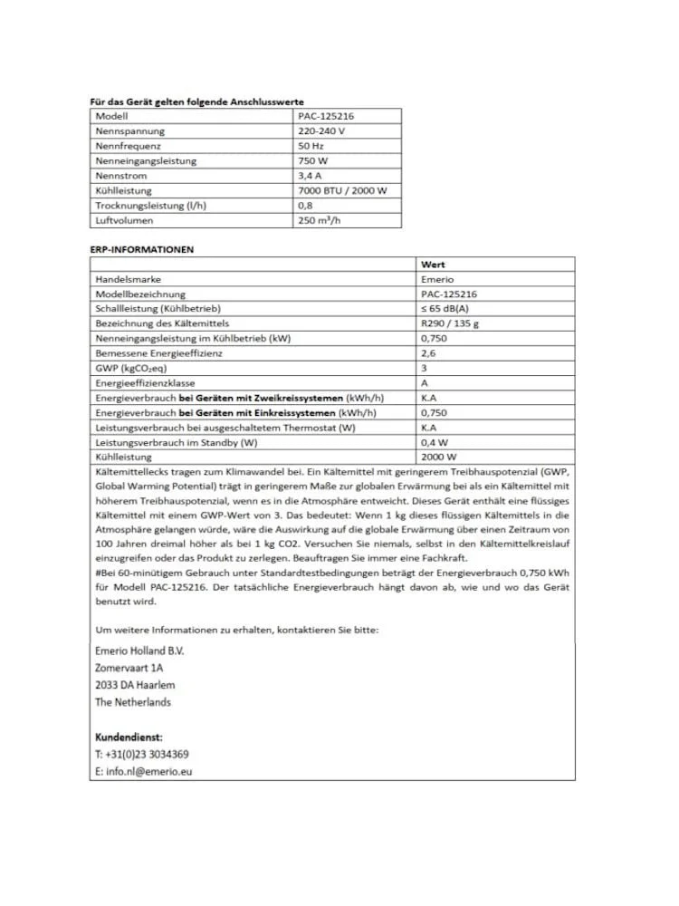 Мобильный кондиционер Emerio PAC-125216 3-в-1 7000 BTU/h 2000 W, фото №7