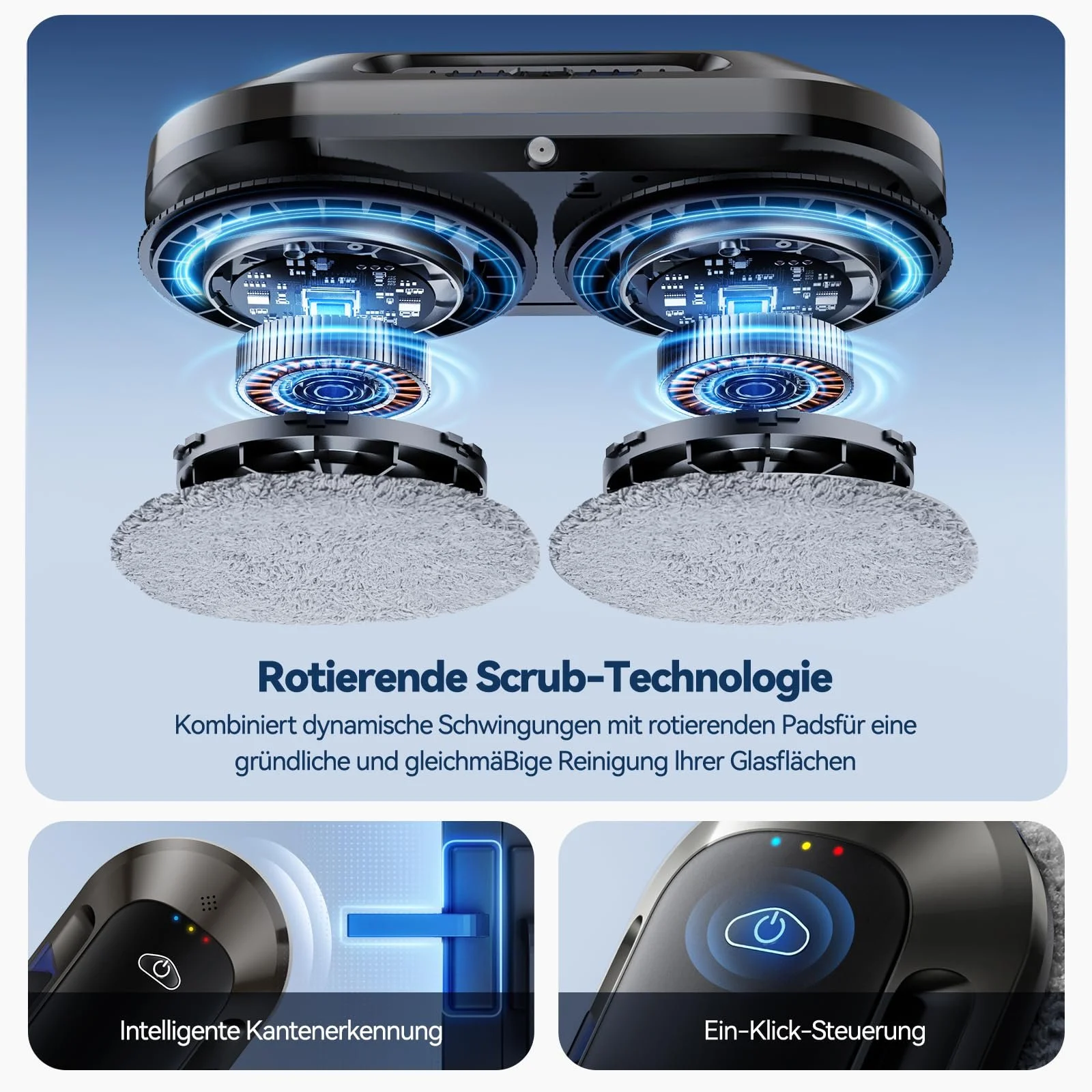 Робот для миття вікон з подвійним розпилювачем 6000Pa Electric Window Robot, дистанційне керування, 3 режими очищення, виявлення країв, інтелектуальна навігація, система безпеки, для гладких поверхонь, фото №3