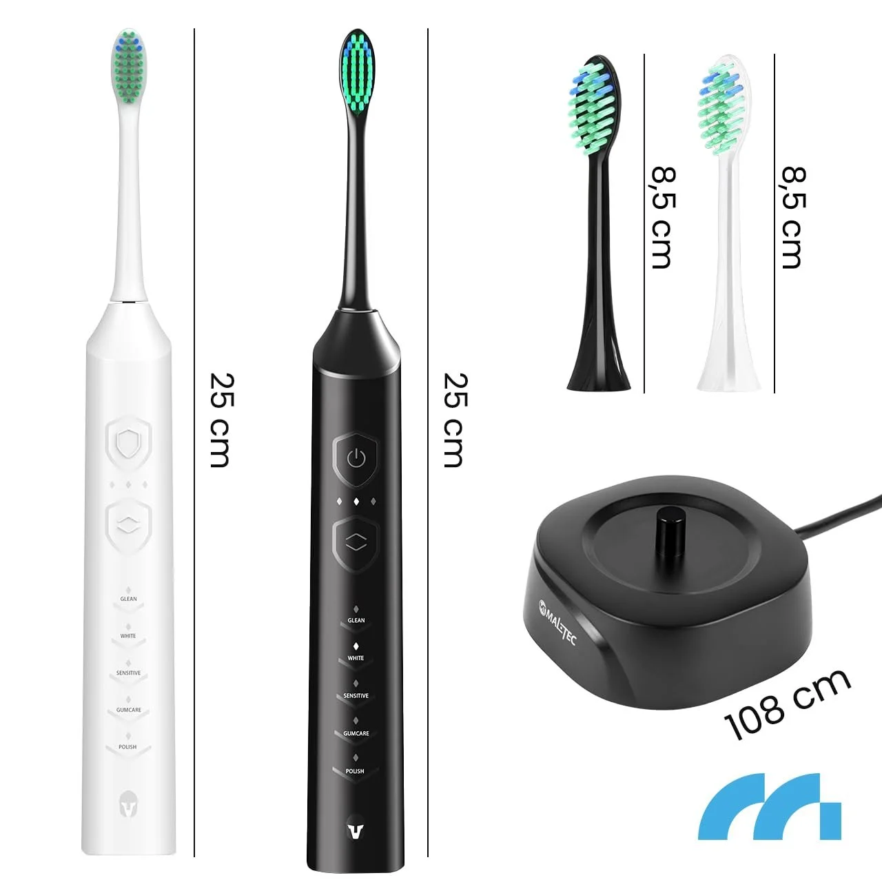 Набор электрических звуковых зубных щеток MalTec Sonic 2 шт, 6 насадок, 6 режимов, 2 зарядных устройства, фото №2