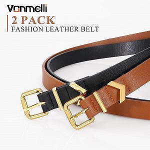 Ремень VONMELLI Тонкий Кожаный Женский для Джинсов Брюк Платья Ретро Винтажный с Золотой Пряжкой, 2 шт. synthetic.ua - Фото 1