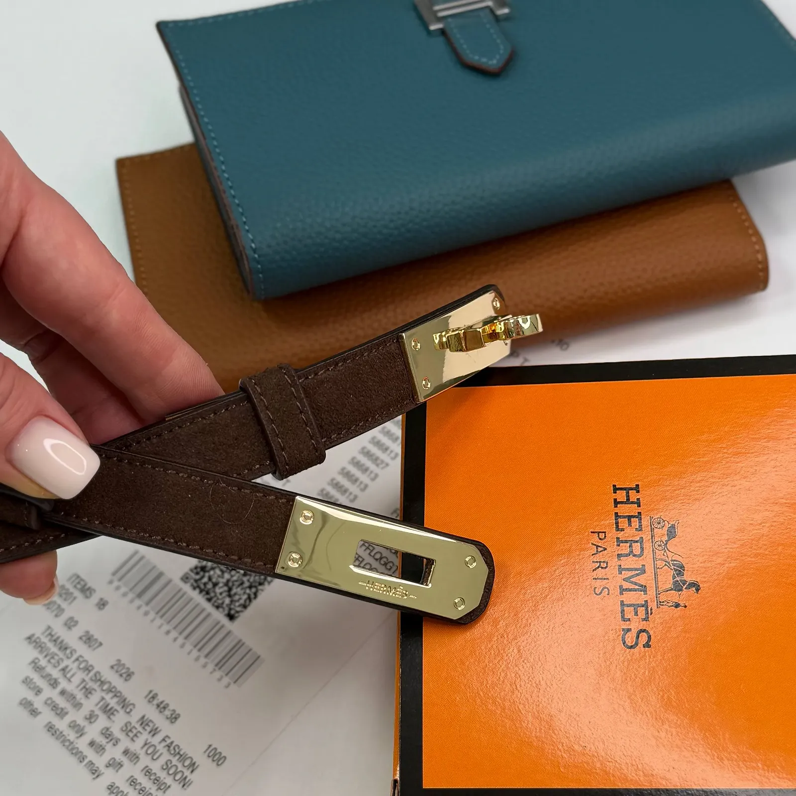 Ремень женский тонкий замшевый коричневый пояс Hermes Kelly, фото №5