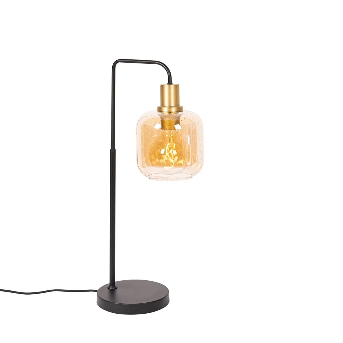 Настільна лампа QAZQA Zuzanna Design E27 Скло бурштинове Чорна з латунню, фото №4